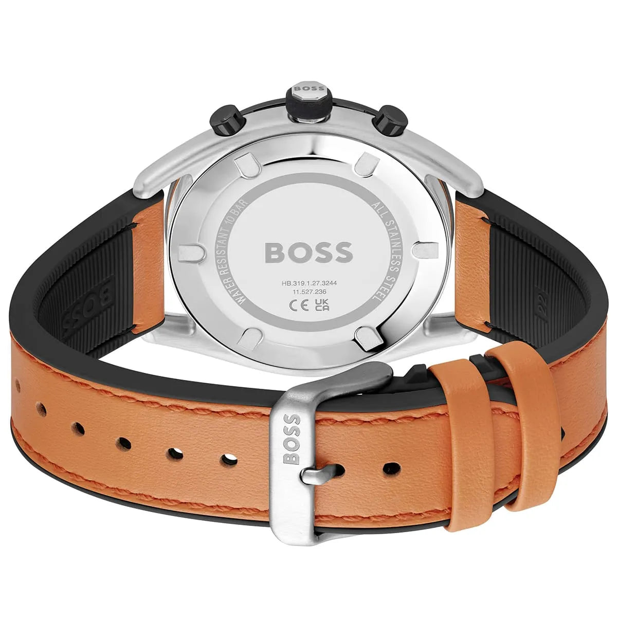 Caseback of Hugo Boss Centre Court 1514025 showing technical specs black dial and orange rubber strap 50m water resistance