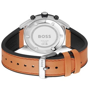 Caseback of Hugo Boss Centre Court 1514025 showing technical specs black dial and orange rubber strap 50m water resistance