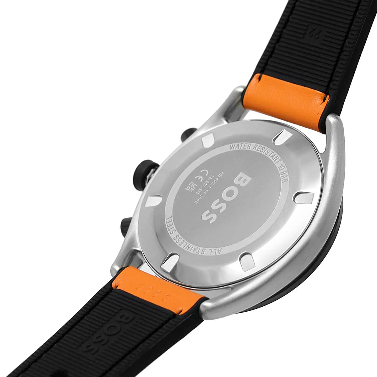 Caseback of Hugo Boss Centre Court 1514025 showing technical specs black dial and orange rubber strap 50m water resistance