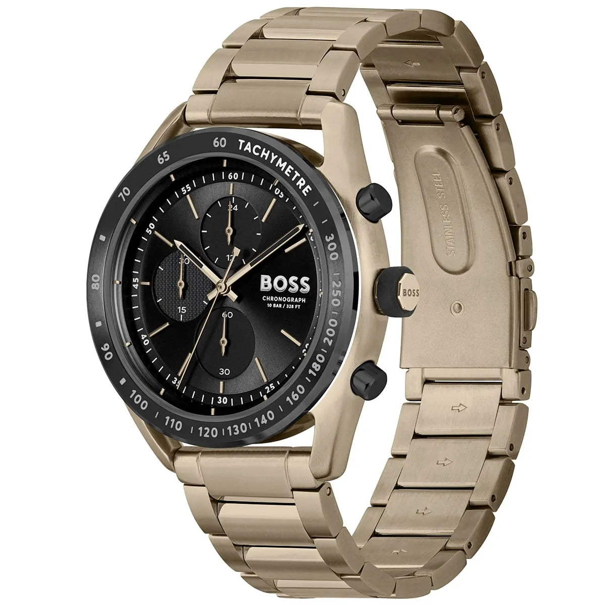 Right angled view of Hugo Boss Centre Court 1514027 highlighting black dial and black tachymeter bezel 50m water resistance