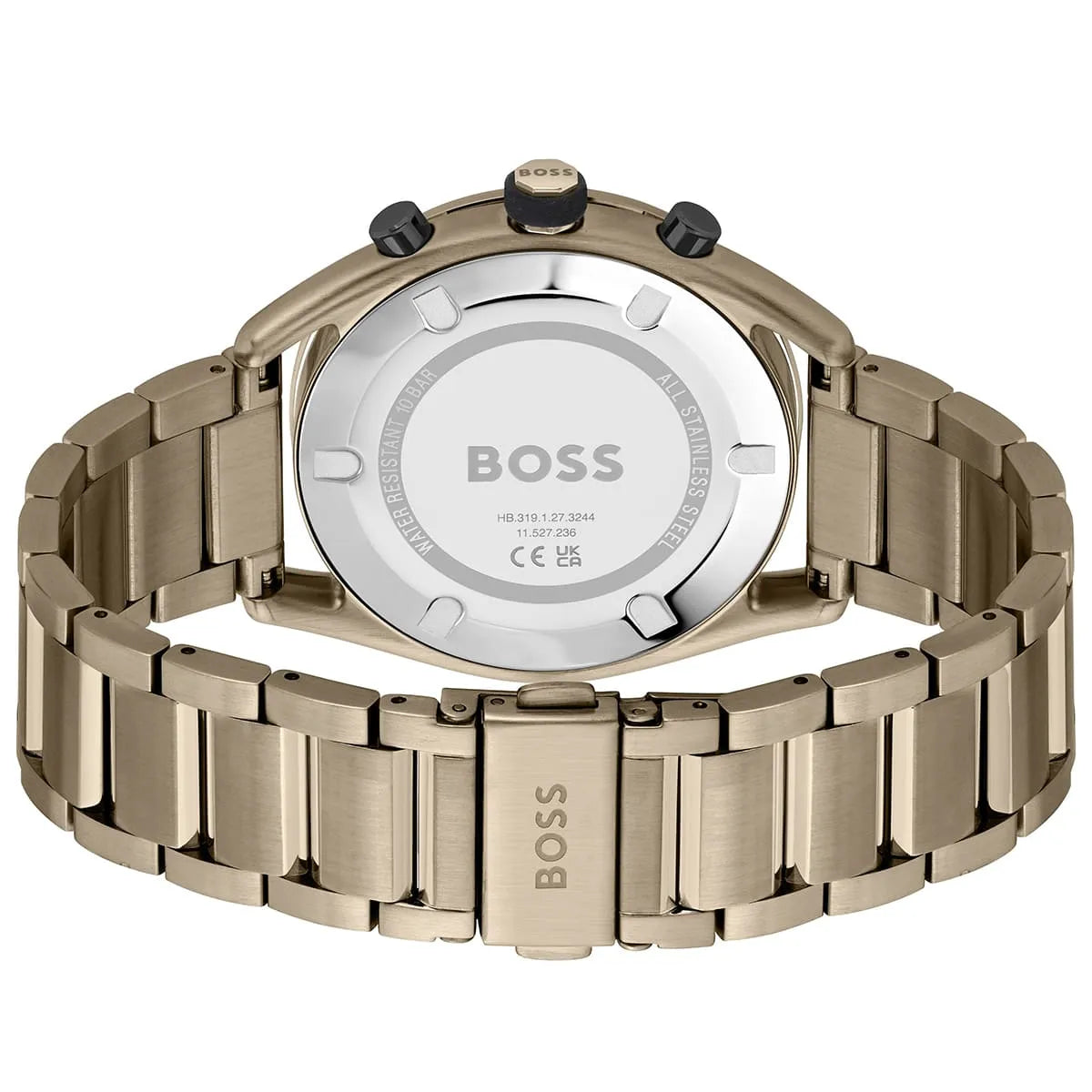Caseback of Hugo Boss Centre Court 1514027 showing technical specs black dial and gold metal strap 50m water resistant