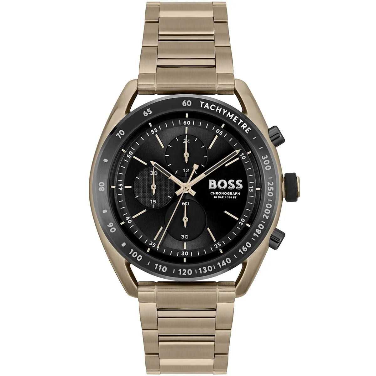 Hugo Boss Centre Court 1514027 men's watch with black dial, gold metal strap, and 50m water resistance main view