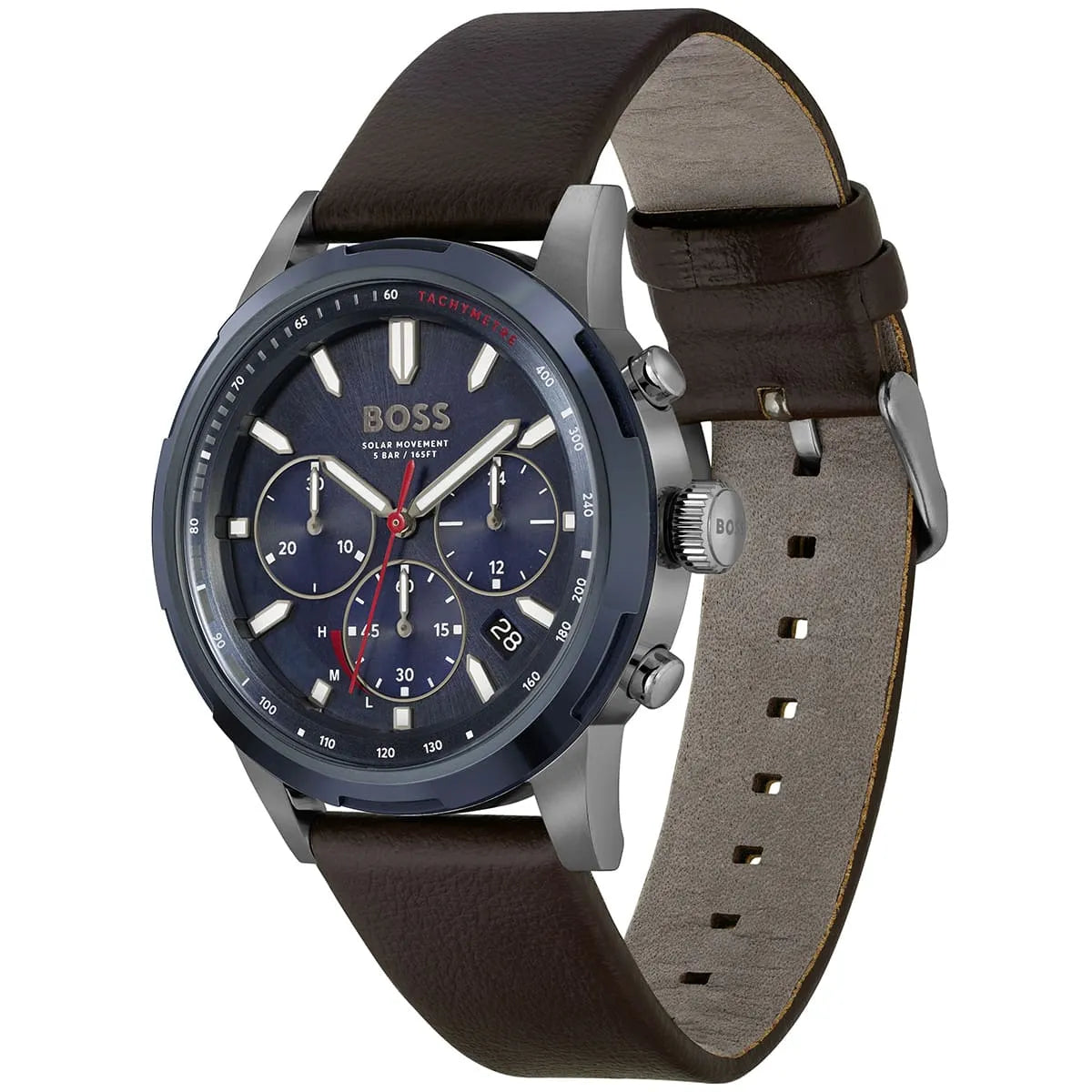 Left angled view of Hugo Boss Solgrade 1514030 showing solar blue dial detail and brown leather strap water resistant 50m