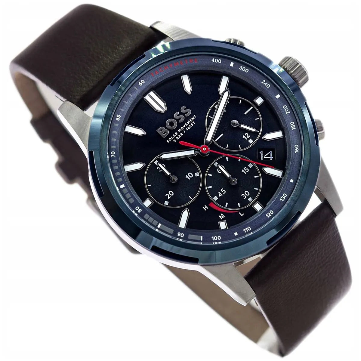 Right angled view of Hugo Boss Solgrade 1514030 highlighting solar blue dial and blue bezel 50m water resistance