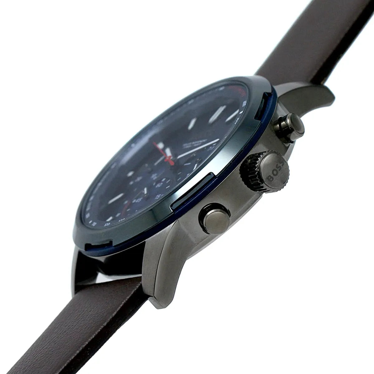 Detailed view of silver crown and pushers on Hugo Boss Solgrade 1514030 with blue dial and leather strap 50m water resistant