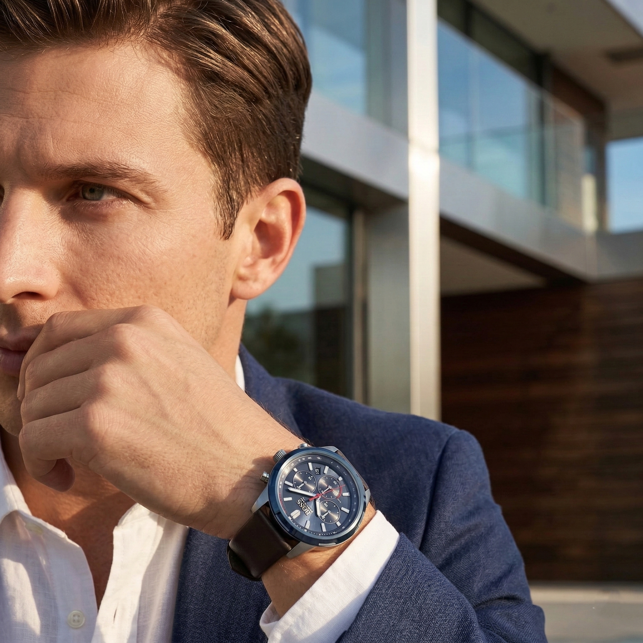Professional man wearing Hugo Boss Solgrade 1514030 solar-powered watch with blue dial and brown leather strap 50m water resistant