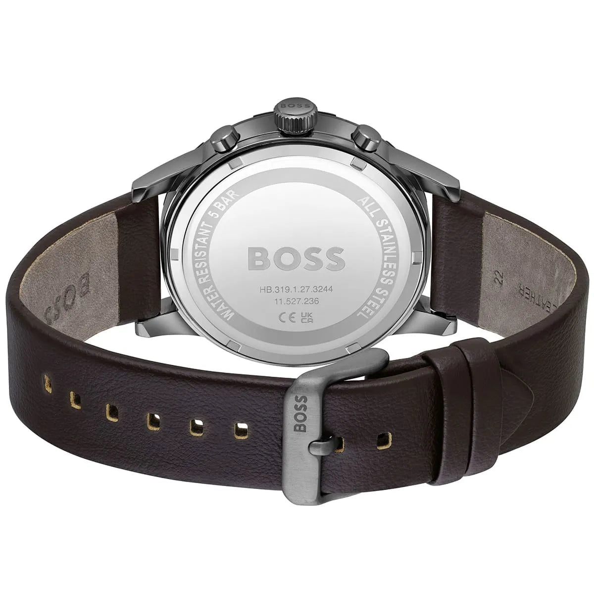 Caseback of Hugo Boss Solgrade 1514030 showing Solar Movement and technical specs 50m water resistance
