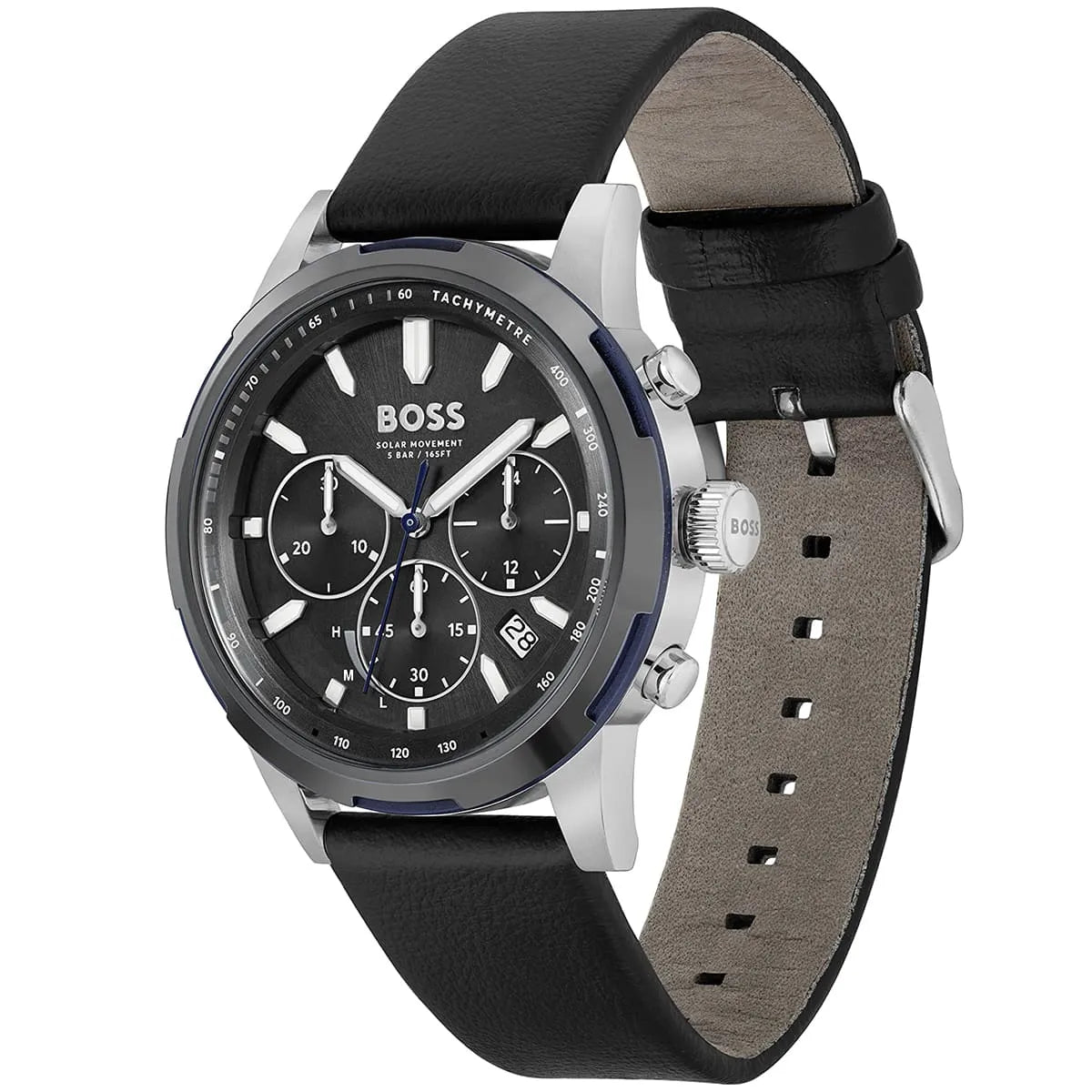 Right angled view of Hugo Boss Solgrade 1514031 highlighting solar black dial and grey case 50m water resistance