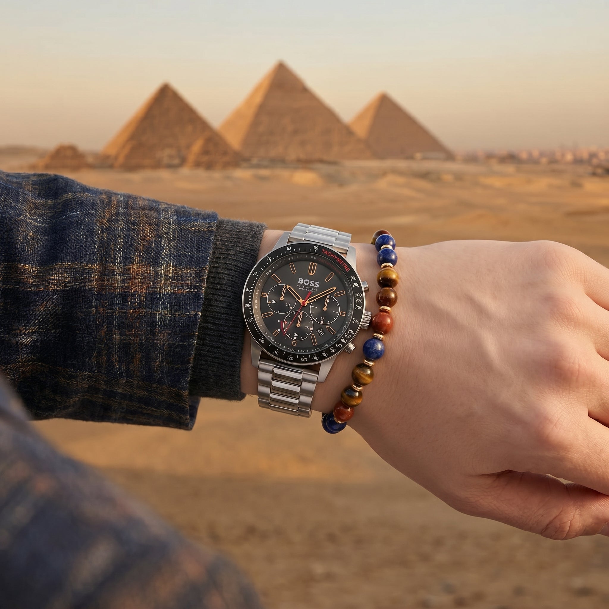 Lifestyle photo of Boss Solgrade 1514032 showing the bold silver watch on a man's wrist in a professional setting from Luxury Hub Store