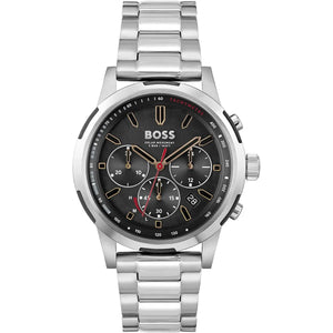 Authentic real-life photo of Boss Solgrade 1514032 showing silver bracelet and black solar chronograph dial from Luxury Hub Store