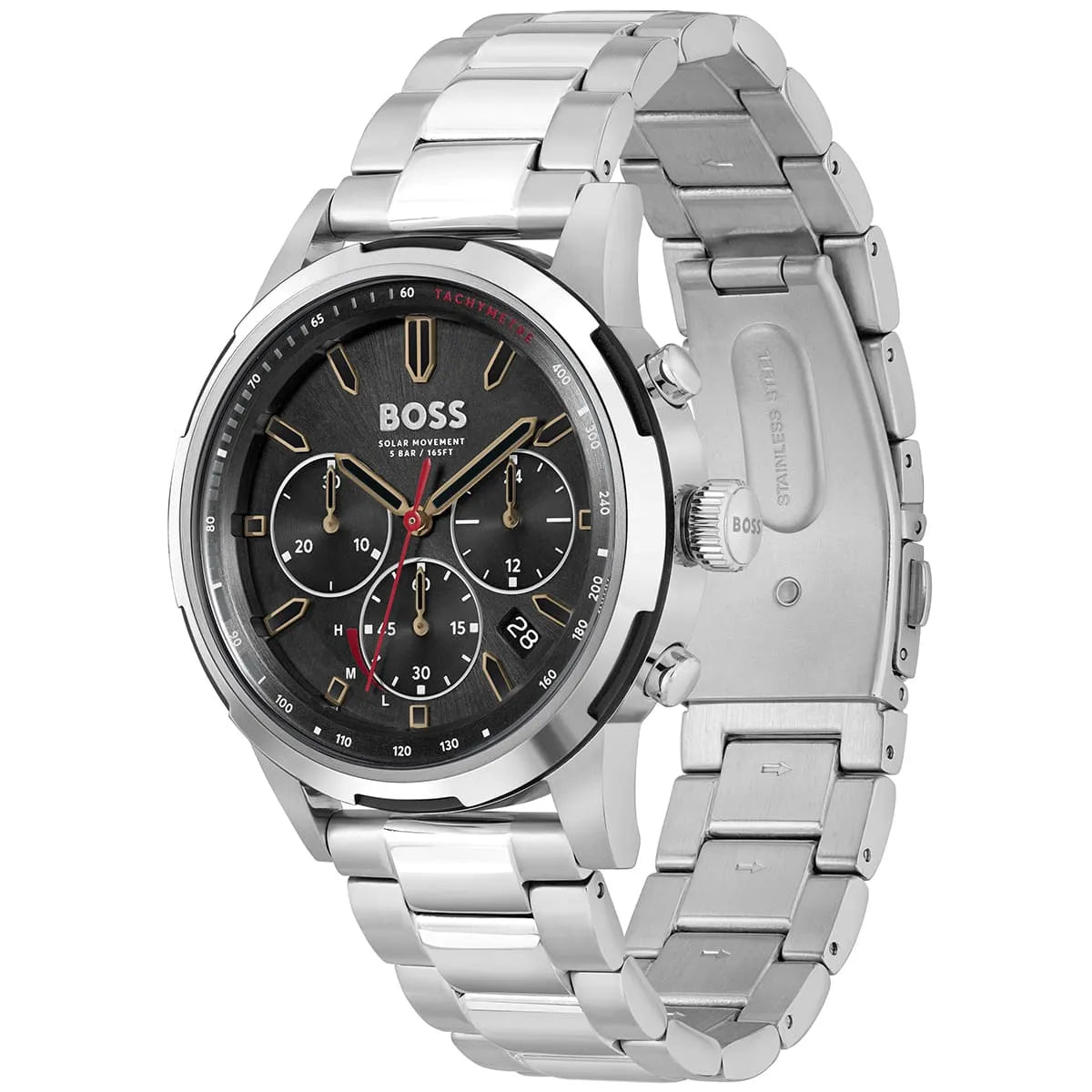 Angled real-life photo of Boss Solgrade 1514032 showing the texture of the bezel, crown, pushers, and side profile from Luxury Hub Store
