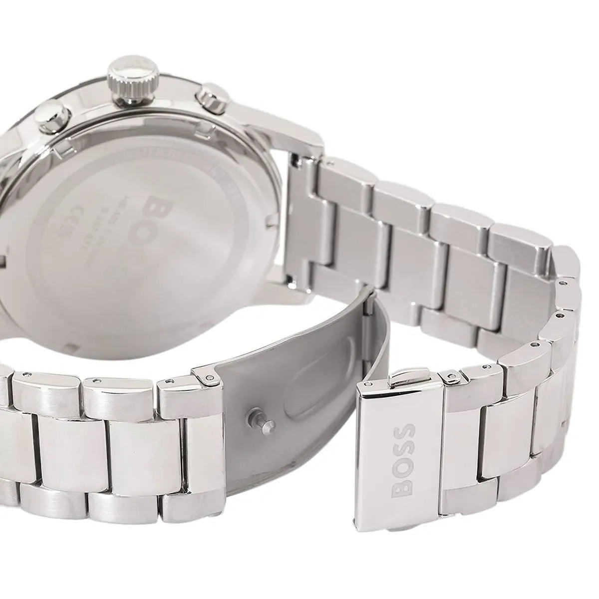 Side view photo of Boss Solgrade 1514032 showing case thickness, crown design, and chronograph pushers detail from Luxury Hub Store