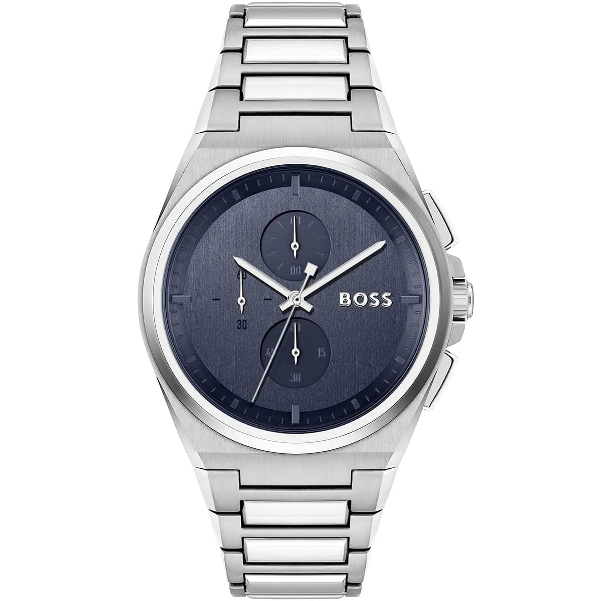 Authentic real-life photo of Boss Steer 1514048 showing the integrated silver bracelet and blue chronograph dial from Luxury Hub Store