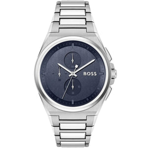 Authentic real-life photo of Boss Steer 1514048 showing the integrated silver bracelet and blue chronograph dial from Luxury Hub Store
