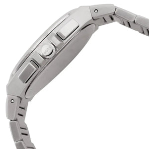 Close-up of a silver watch with a white background