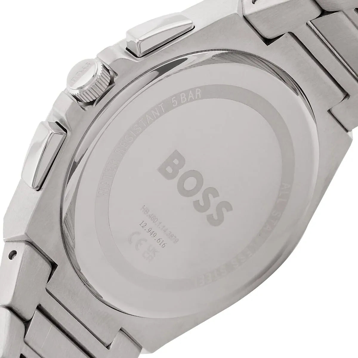 Silver watch with a metallic band on a white background