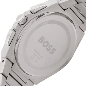 Silver watch with a metallic band on a white background