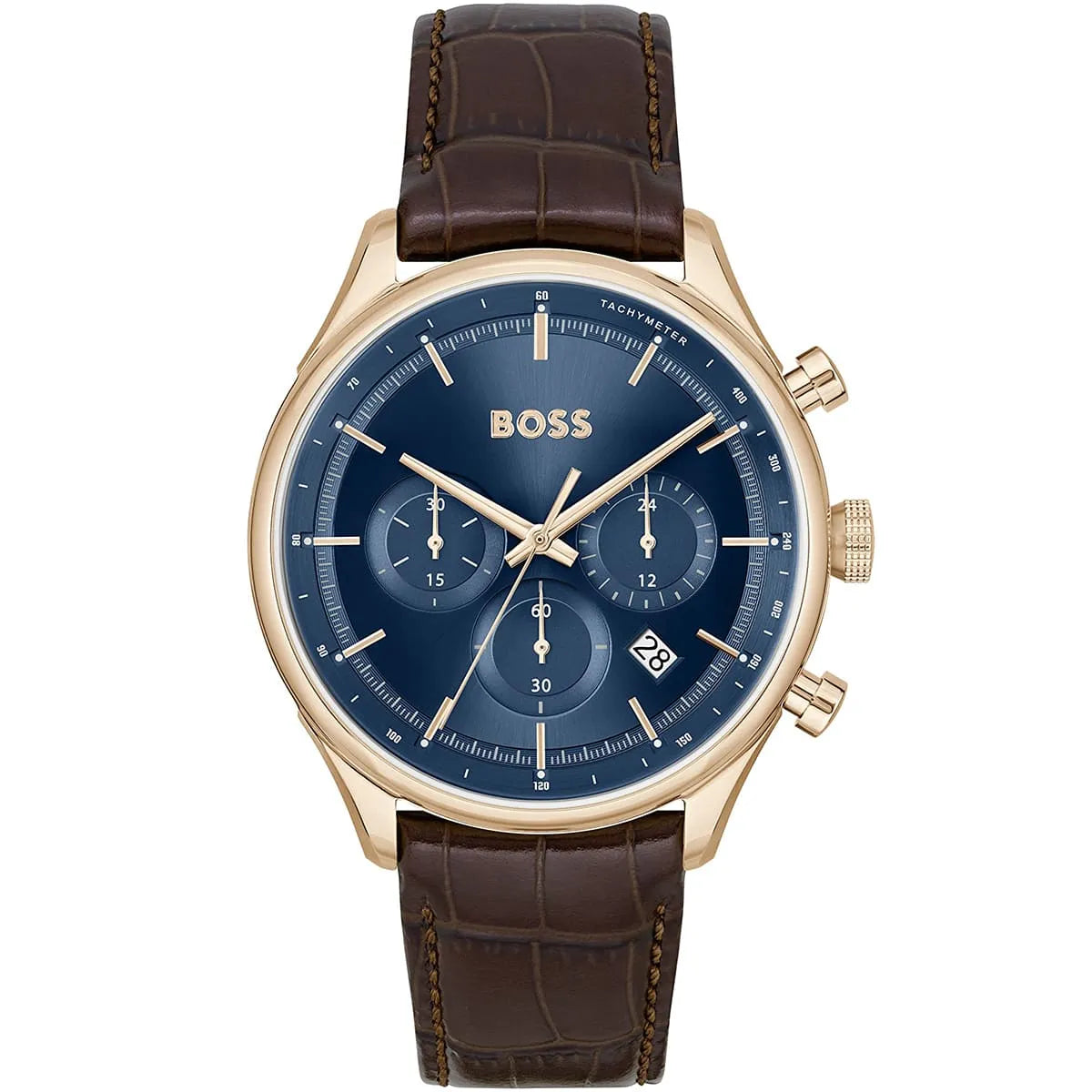 Hugo Boss Admiral 1514050 men's chronograph watch with gold case, blue dial, and brown leather strap
