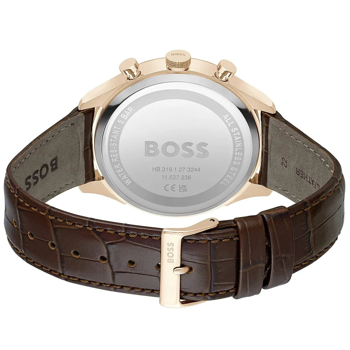 Back view of the Hugo Boss 1514050 watch showing the engraved Admiral logo and gold caseback