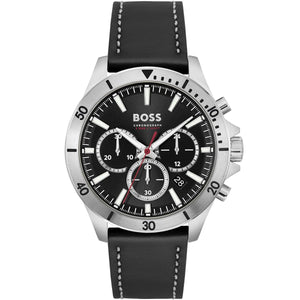 Hugo Boss Troper 1514055 men's watch with black dial, silver case, black leather strap, and 50m water resistance main view