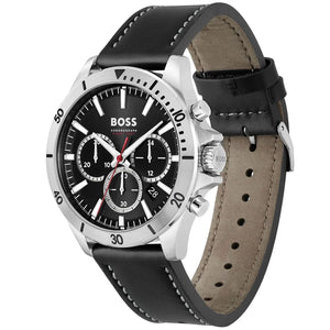 Left angled view of Hugo Boss Troper 1514055 showing black sunray dial detail and leather strap water resistant 50m
