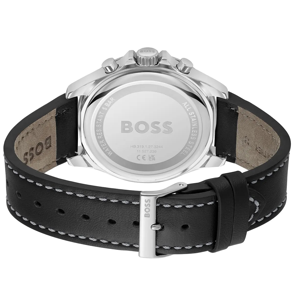 Silver stainless steel buckle on Hugo Boss Troper 1514055 black leather strap watch water resistant 50m