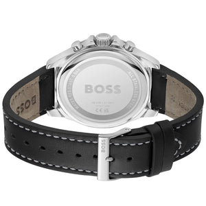 Silver stainless steel buckle on Hugo Boss Troper 1514055 black leather strap watch water resistant 50m