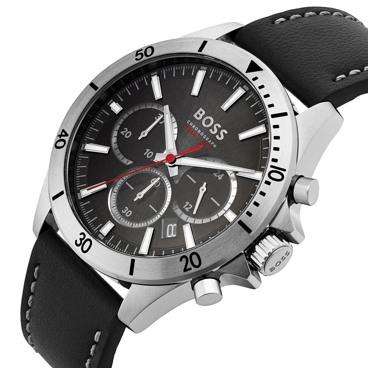 Left angled view of Hugo Boss Troper 1514055 showing black sunray dial detail and leather strap water resistant 50m