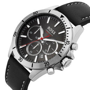 Left angled view of Hugo Boss Troper 1514055 showing black sunray dial detail and leather strap water resistant 50m