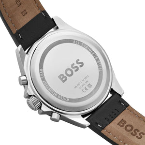 Caseback of Hugo Boss Troper 1514055 showing technical specs black dial and leather strap 50m water resistance