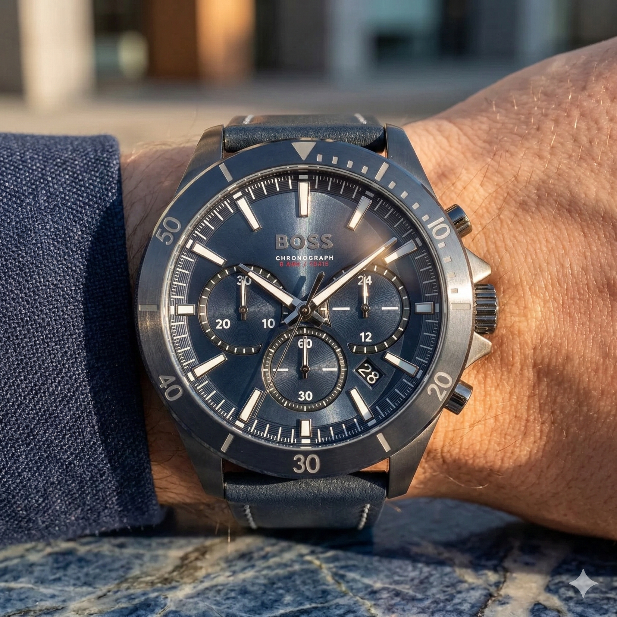 Close up of Hugo Boss Troper 1514056 on wrist showing blue sunray dial and blue leather strap with 50m water resistance