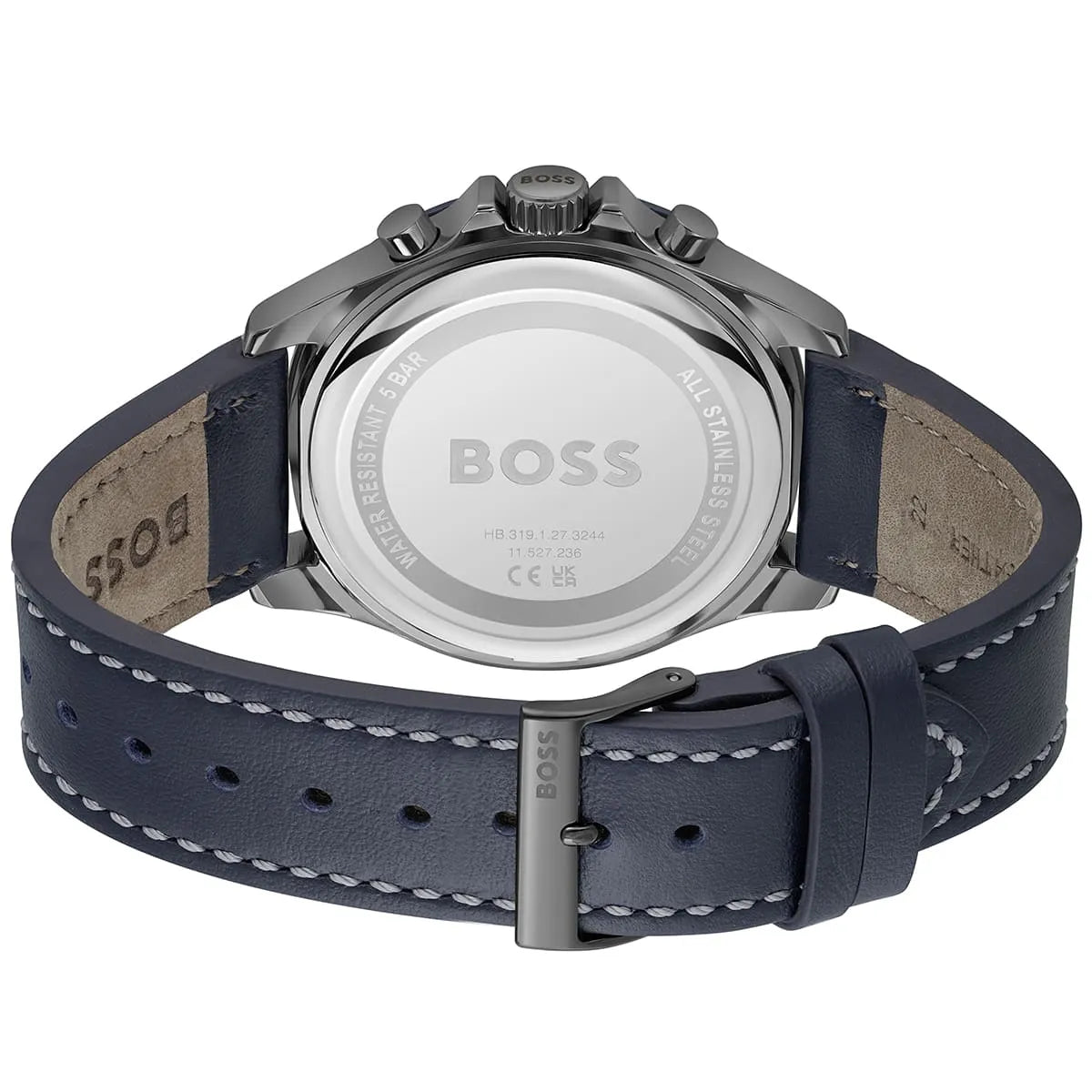 Caseback of Hugo Boss Troper 1514056 showing technical specs blue dial and leather strap 50m water resistance