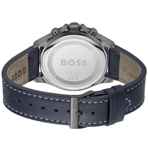 Caseback of Hugo Boss Troper 1514056 showing technical specs blue dial and leather strap 50m water resistance