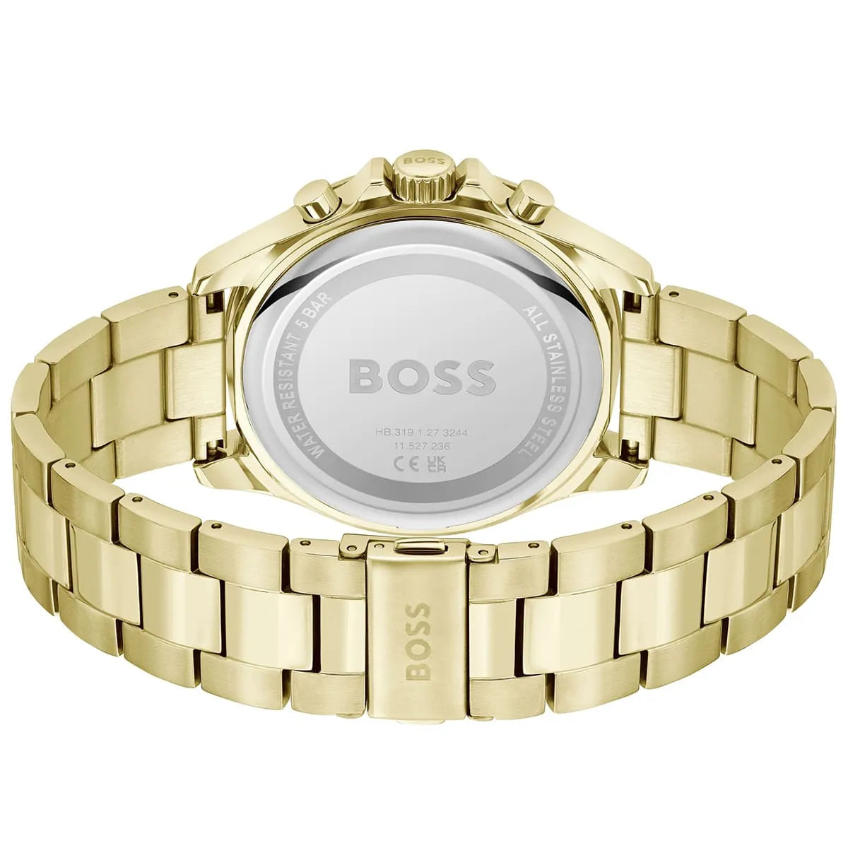 Caseback of Hugo Boss Runner 1514059 showing technical specs gray dial and gold metal strap 50m water resistant