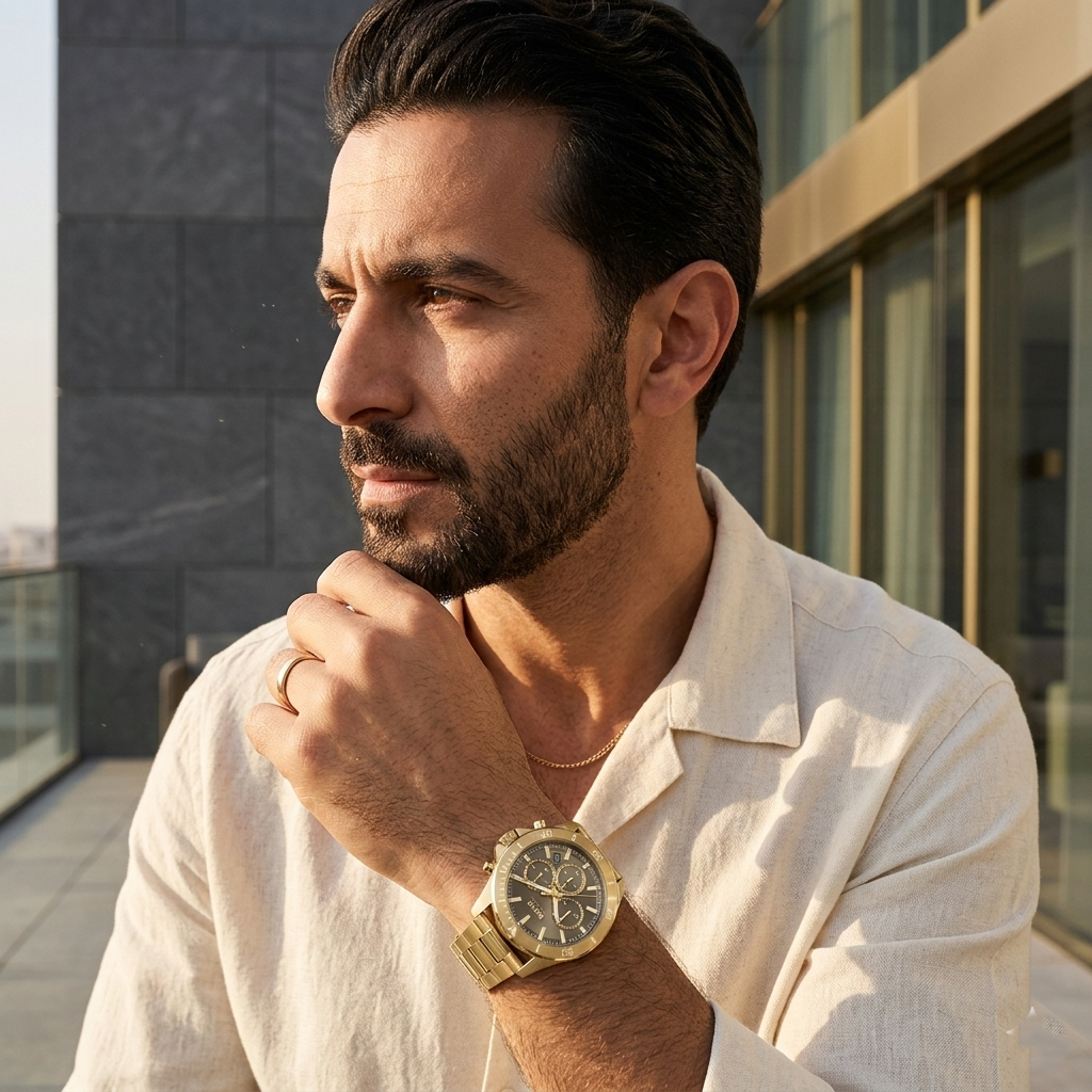 Professional man wearing Hugo Boss Runner 1514059 with gray dial and gold metal strap watch water resistant 50m