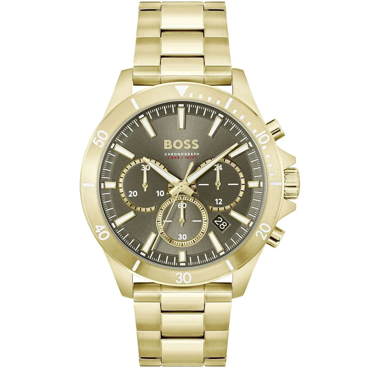 Hugo Boss Runner 1514059 men's watch with gray dial, gold metal strap, and 50m water resistance main view