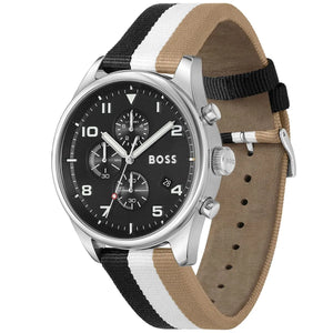 Right angled view of Hugo Boss View 1514062 highlighting black dial and silver case 50m water resistance