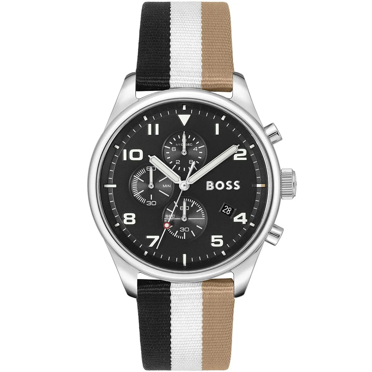 Hugo Boss View 1514062 men's watch with black sunray dial, multicolored black white and beige textile strap, and 50m water resistance main view
