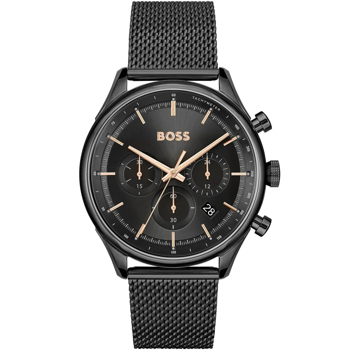 Front view of Hugo Boss Gregor 1514065 men's watch with black dial and black mesh stainless steel strap.