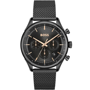 Front view of Hugo Boss Gregor 1514065 men's watch with black dial and black mesh stainless steel strap.
