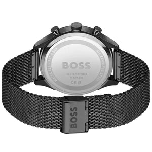 Black mesh watch with visible brand logo on a white background