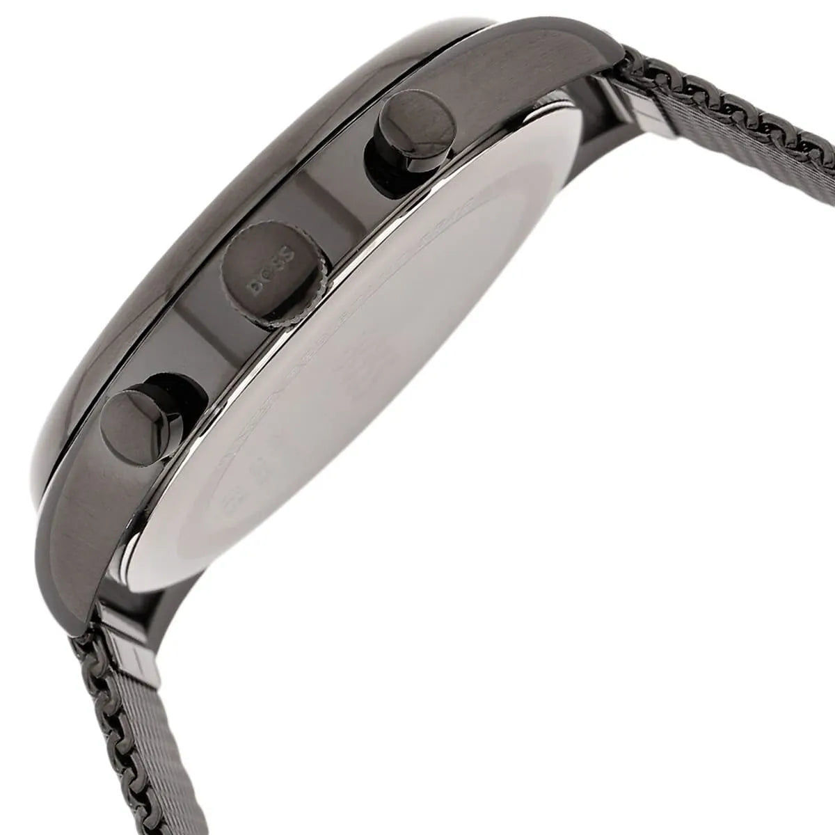 Close-up of a watch with a metallic band on a white background