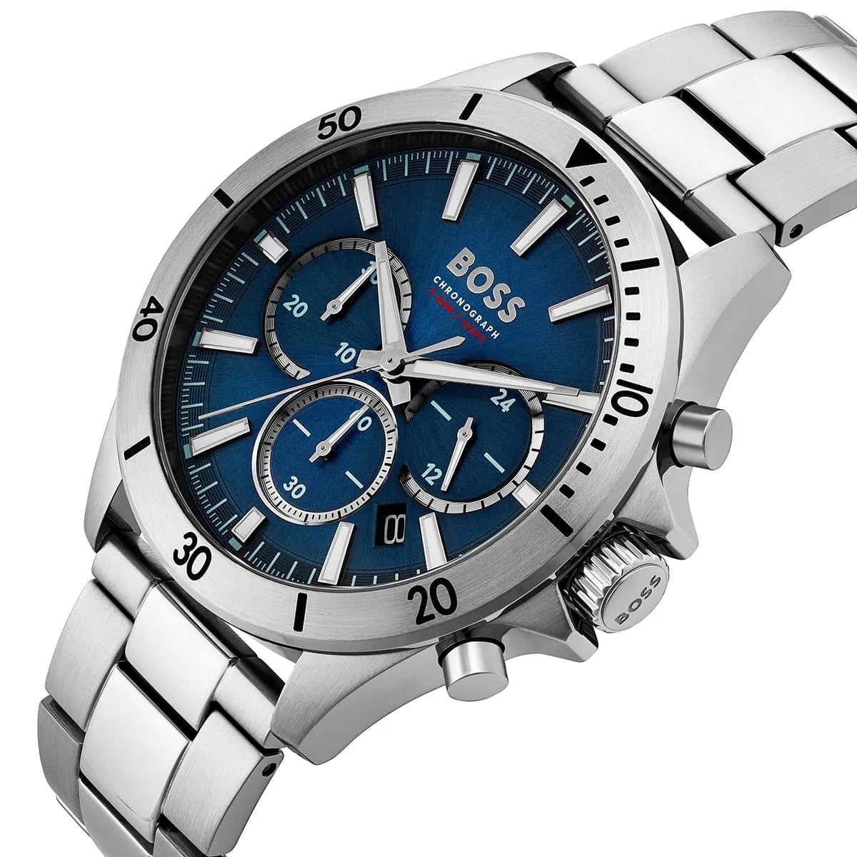 Silver watch with blue dial on a white background