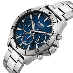 Silver watch with blue dial on a white background