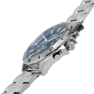 Silver watch with blue face on a white background