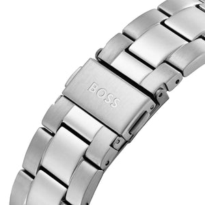 Silver watch band with 'BOSS' logo on a white background