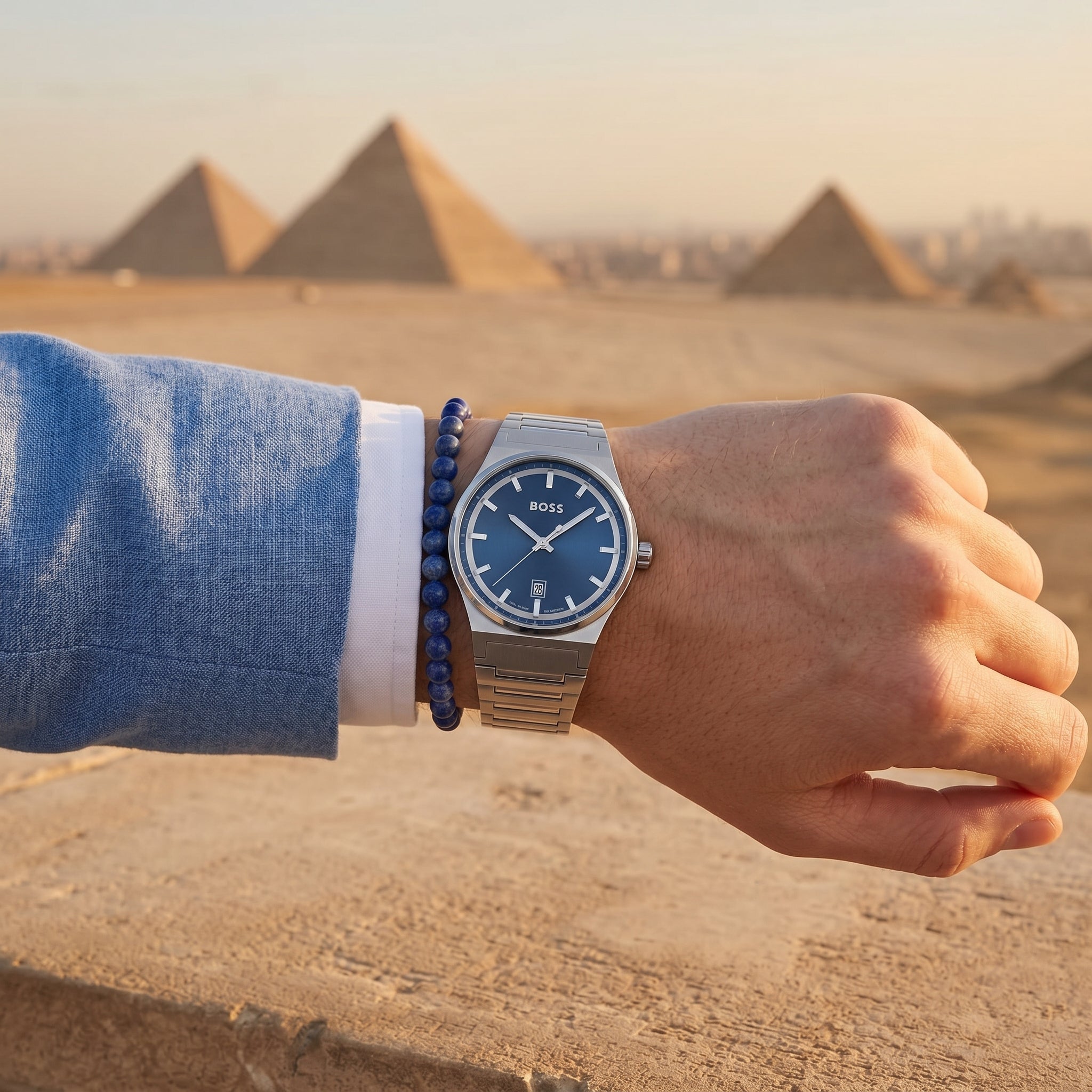 Lifestyle photo of Boss Candor 1514076 showing the elegant silver watch on a man's wrist in a modern professional setting from Luxury Hub Store