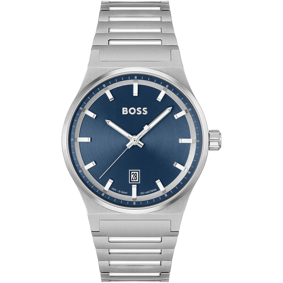 Authentic real-life photo of Boss Candor 1514076 showing the integrated silver bracelet and blue sunray dial from Luxury Hub Store