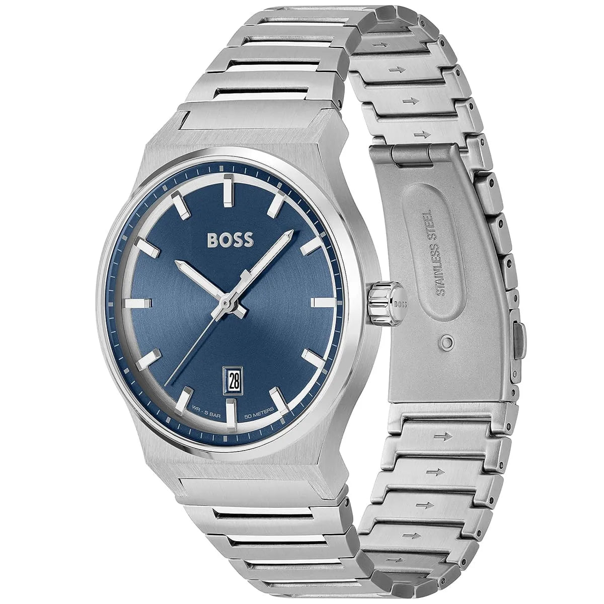Angled real-life photo of Boss Candor 1514076 showing the seamless integration of the case and the silver bracelet from Luxury Hub Store