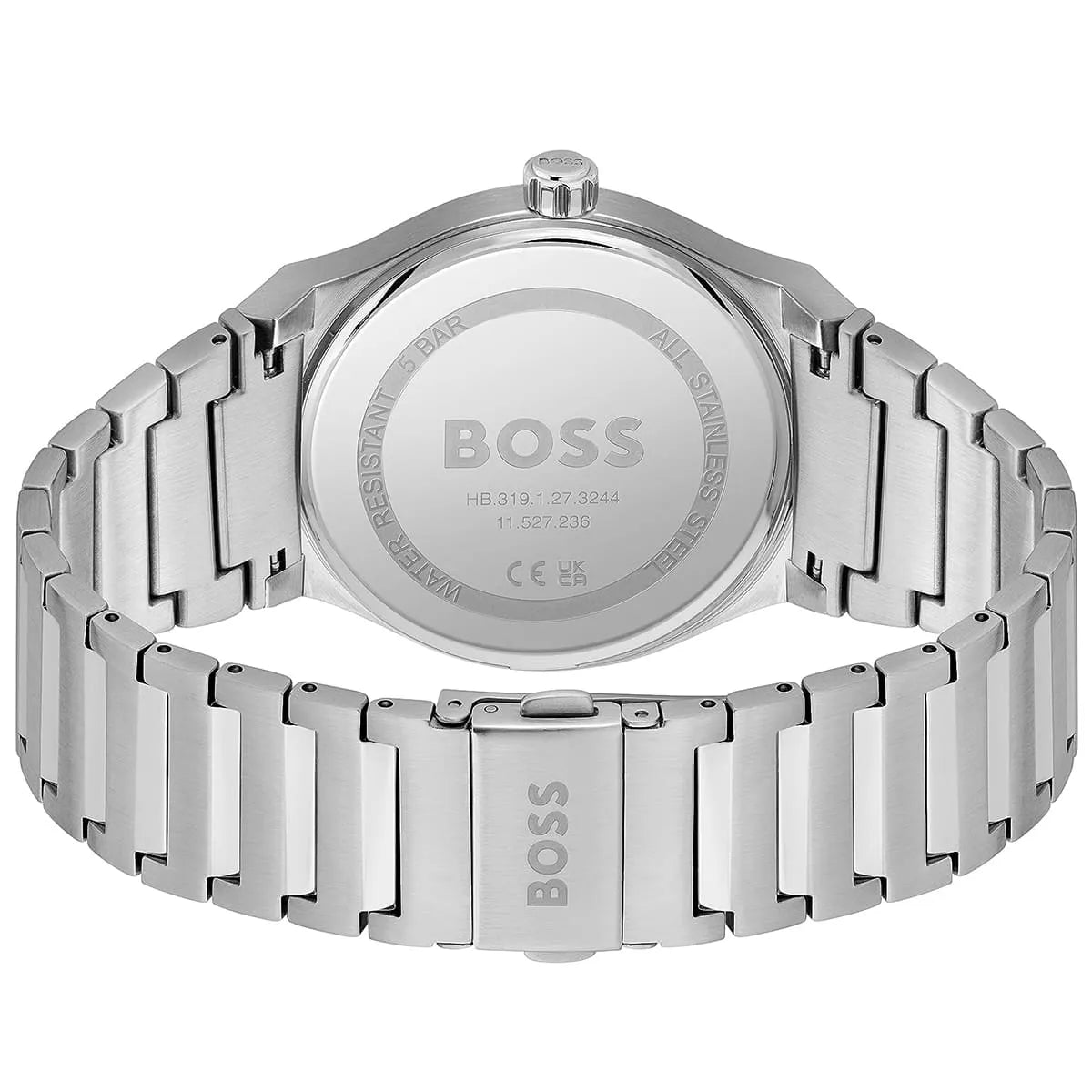 Back view photo of Boss Candor 1514076 showing the stainless steel caseback and engraved markings from Luxury Hub Store